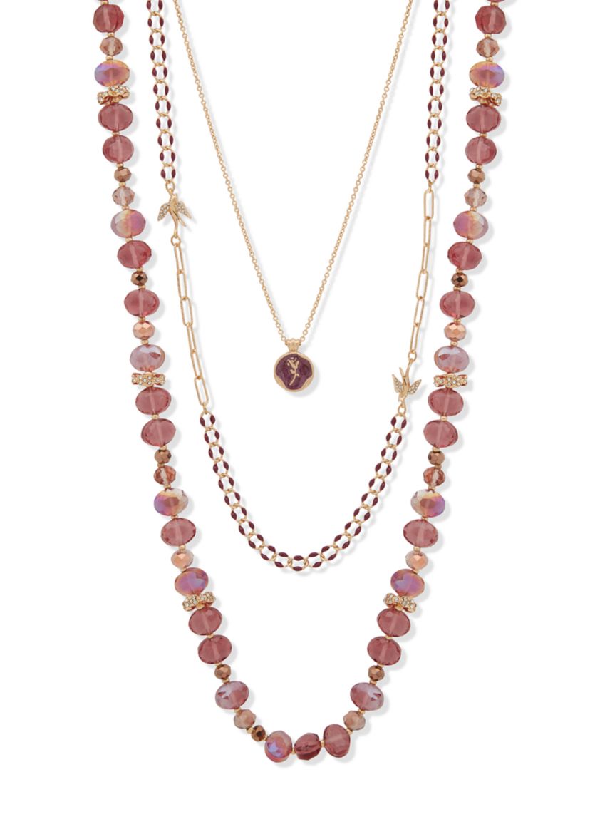 Gold Tone Burgundy 32" Beaded Multi Row Necklace