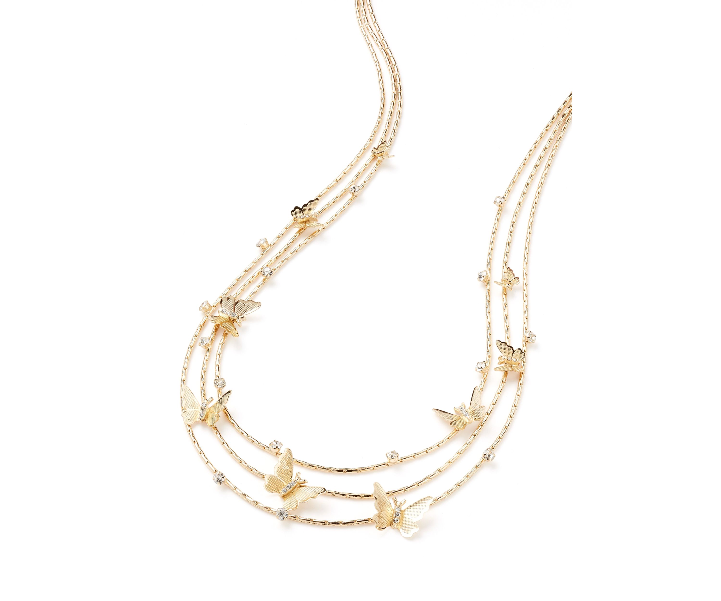 Gold Tone Crystal Butterfly 3 Row Necklace