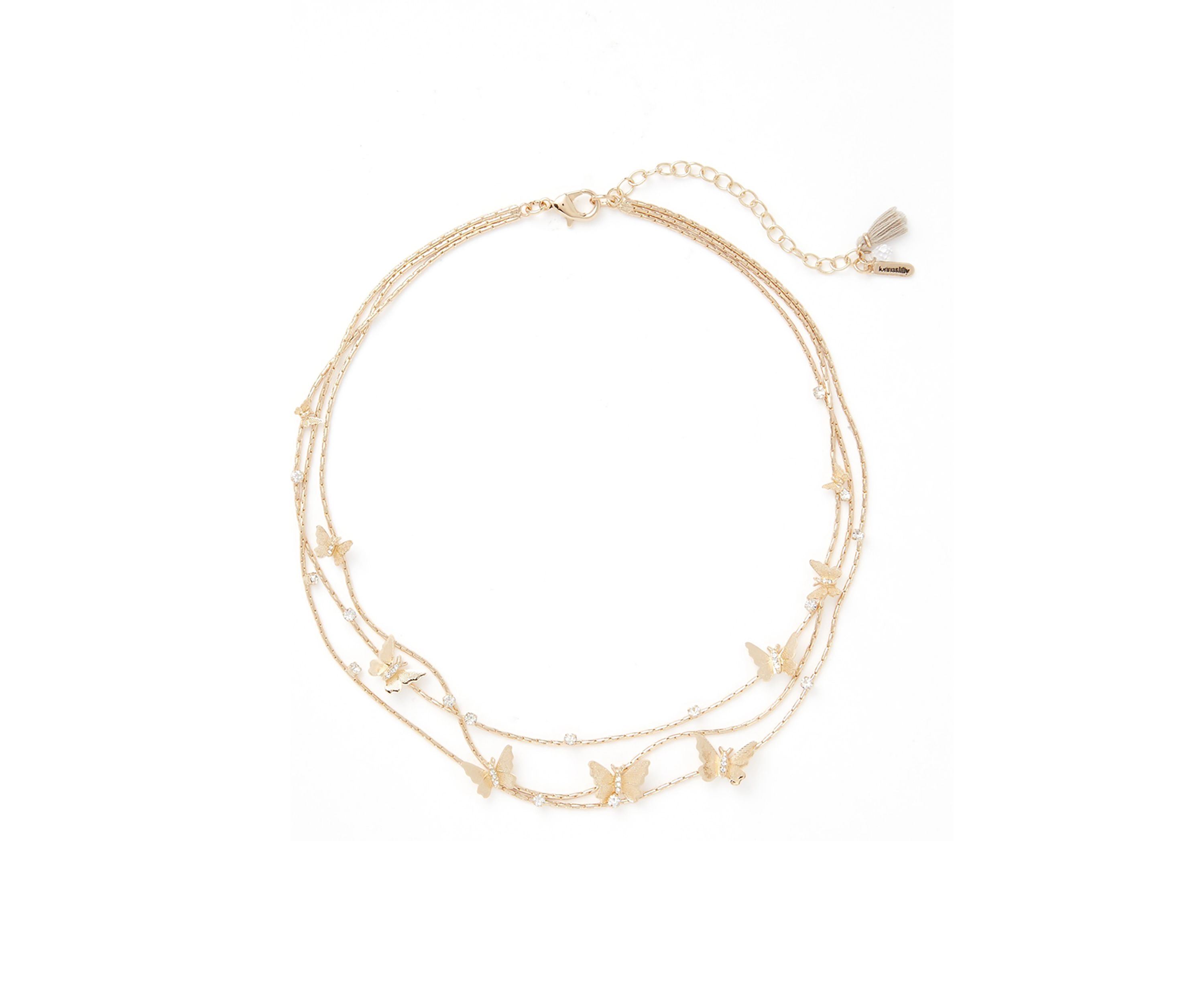 Gold Tone Crystal Butterfly 3 Row Necklace