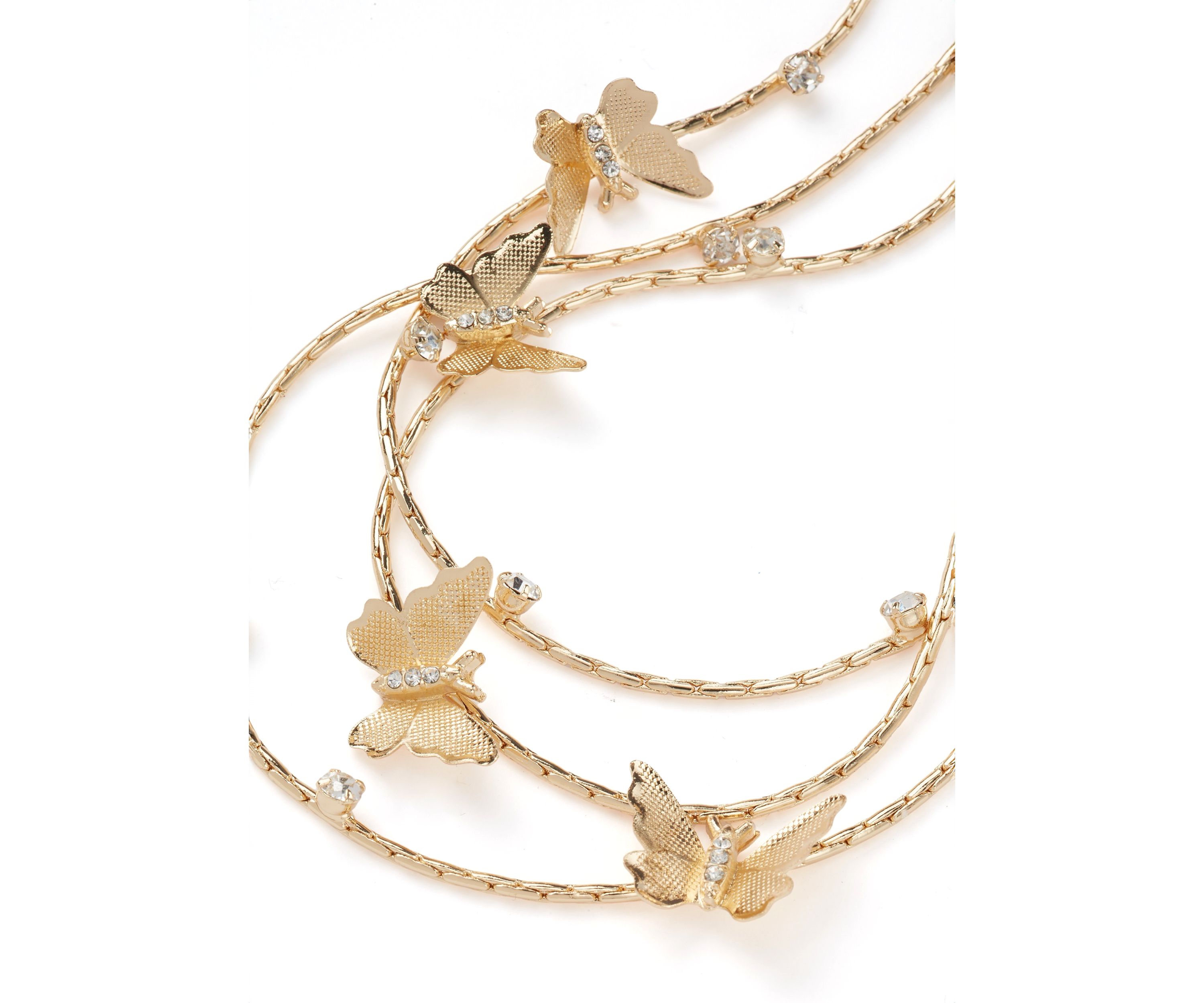 Gold Tone Crystal Butterfly 3 Row Necklace