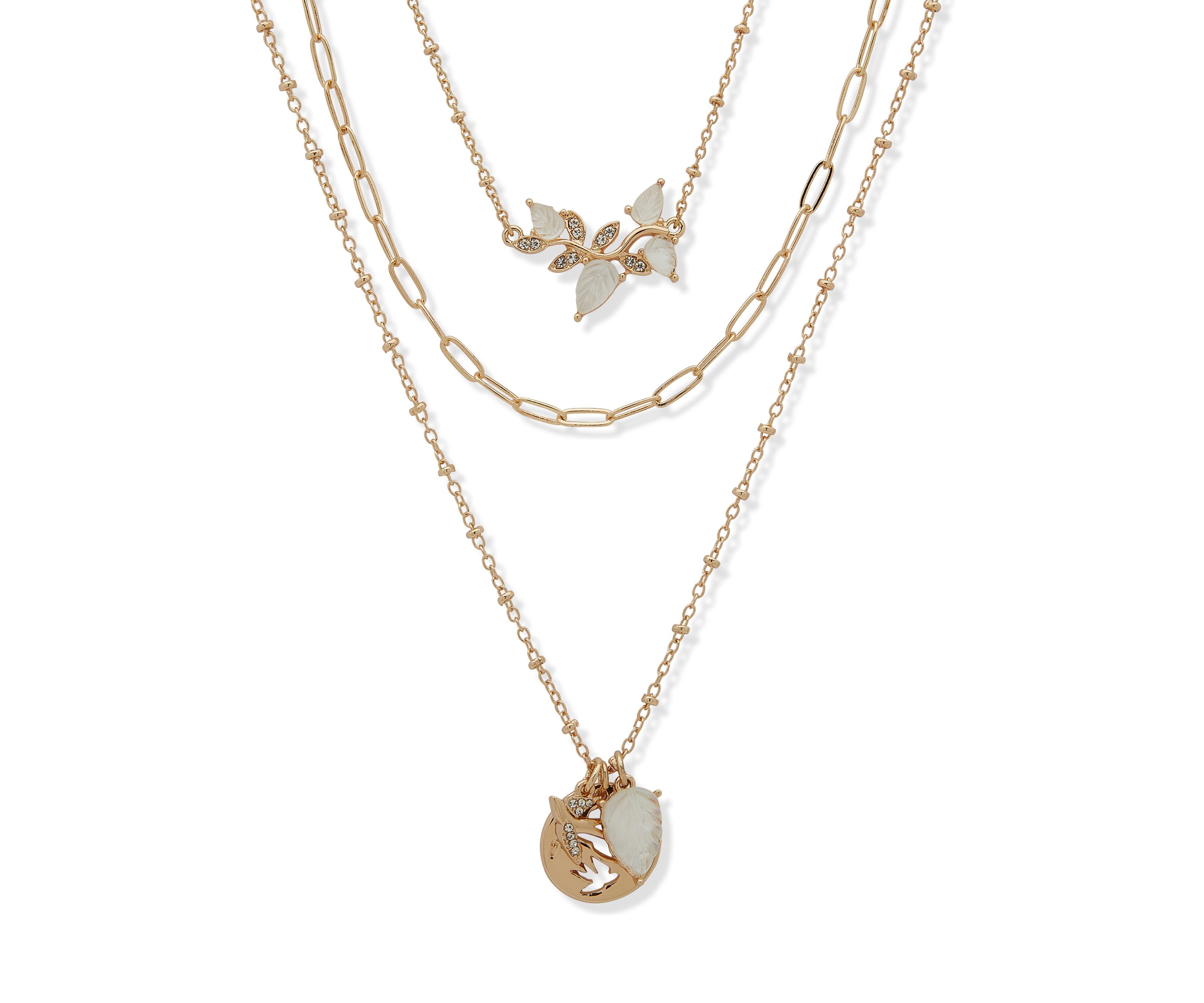 Gold Tone White 3 Row Bird Frontal Necklace