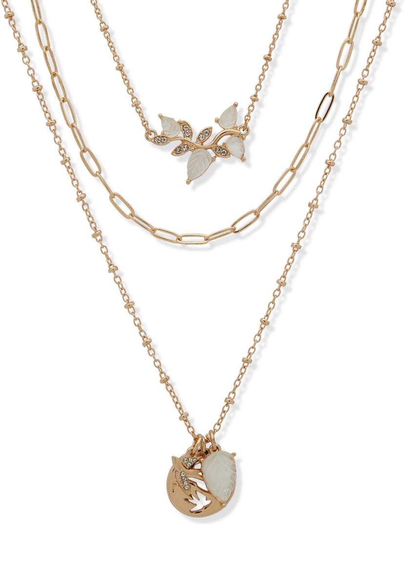 Gold Tone White 3 Row Bird Frontal Necklace