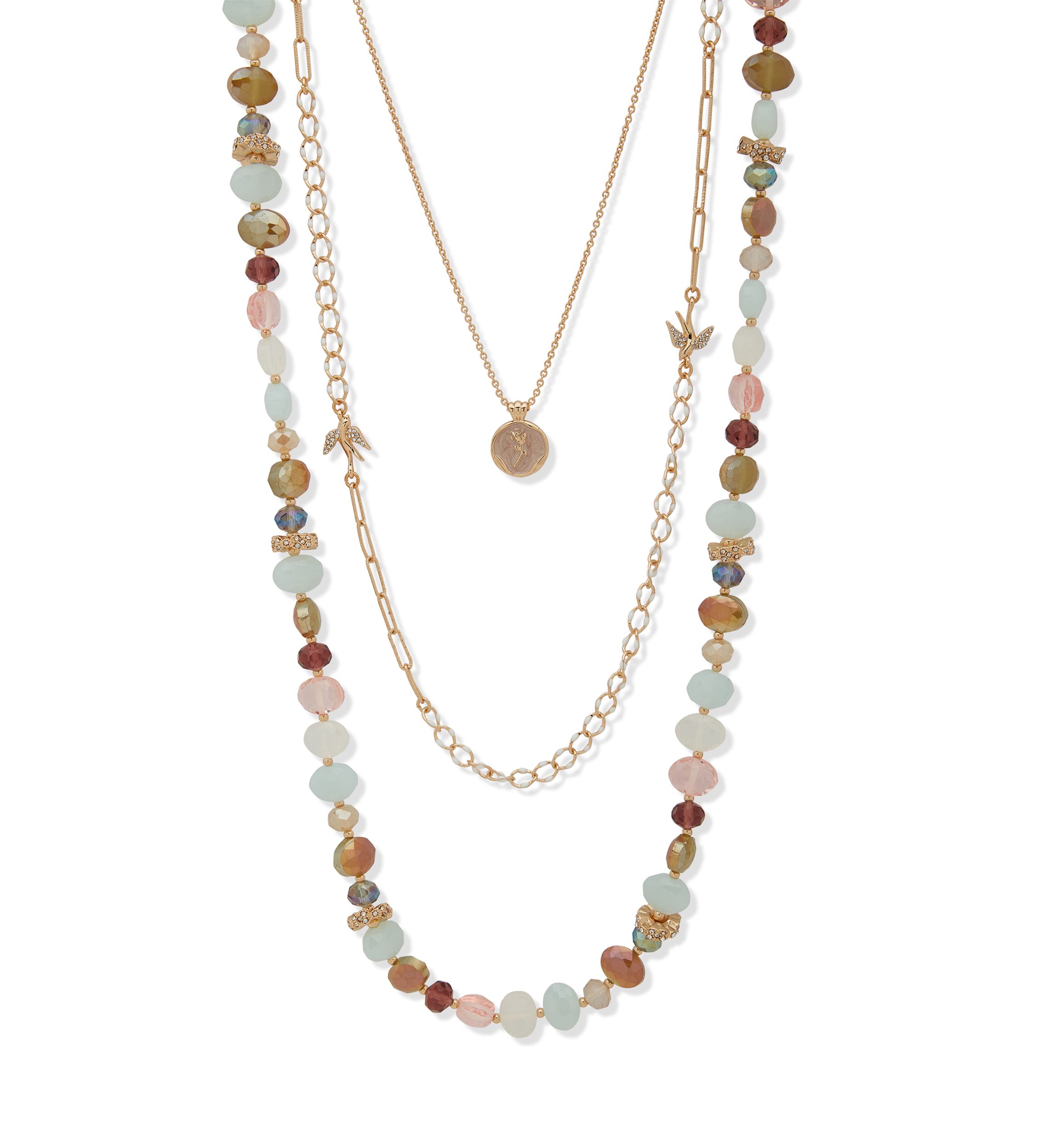 Gold Tone Multi Beaded Multirow Necklace