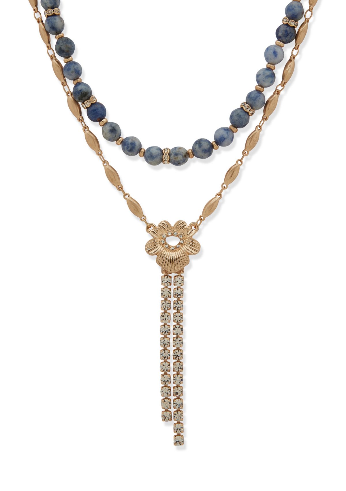 Gold Tone Blue Two Row Flower Y Necklace