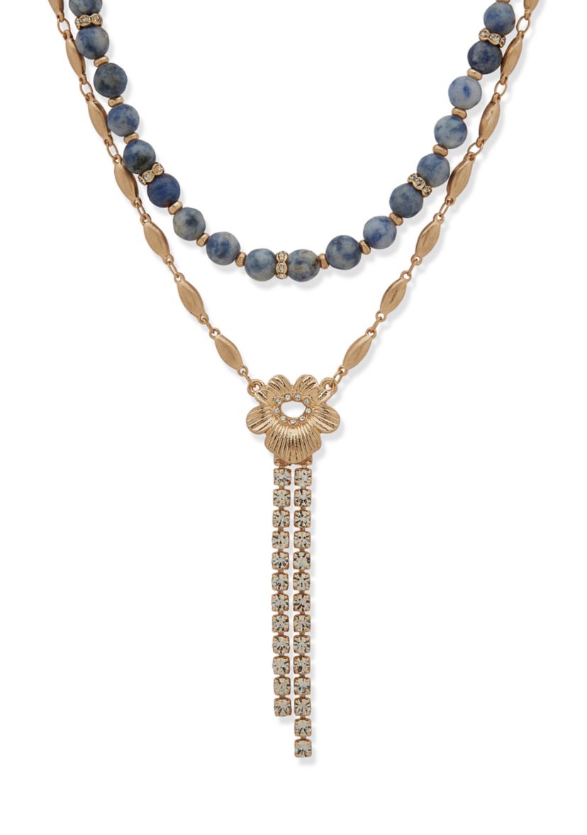 Gold Tone Blue Two Row Flower Y Necklace