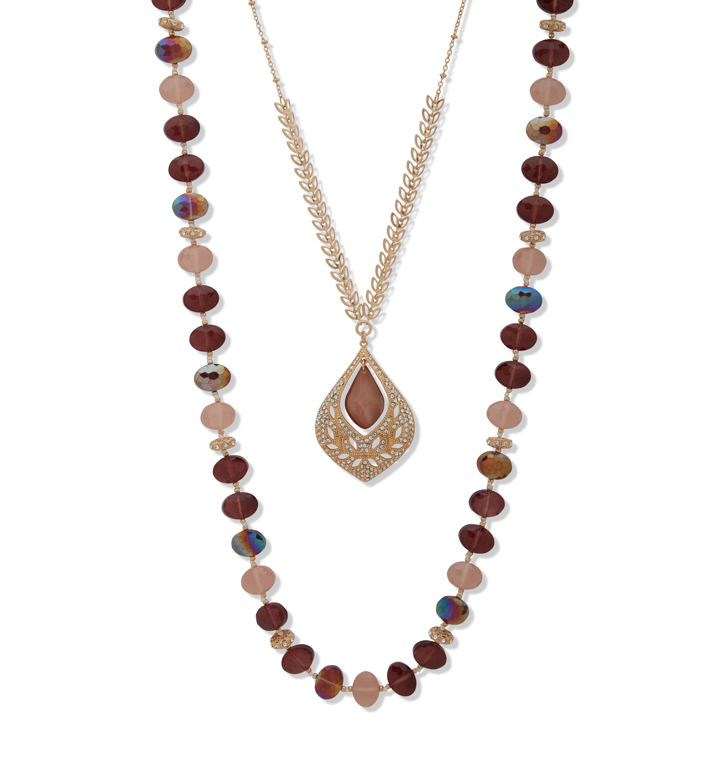 Gold Tone Burgundy 2 in 1 Multirow Necklace