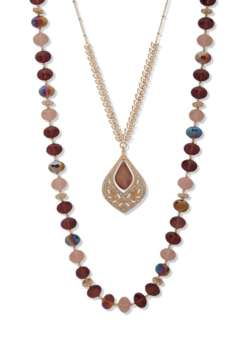 Gold Tone Burgundy 2 in 1 Multirow Necklace