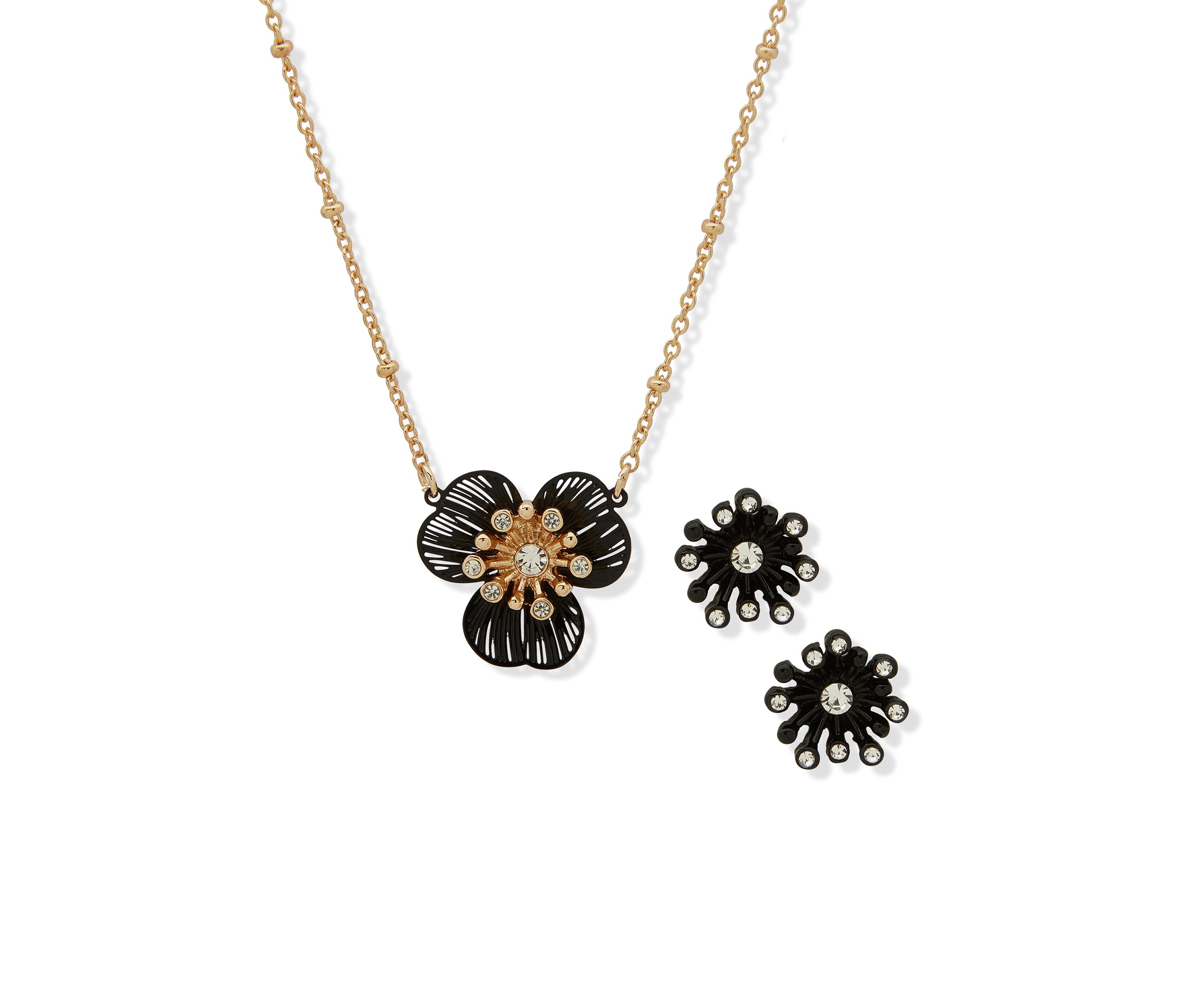 Gold Tone Flower Earrings and Necklace Set