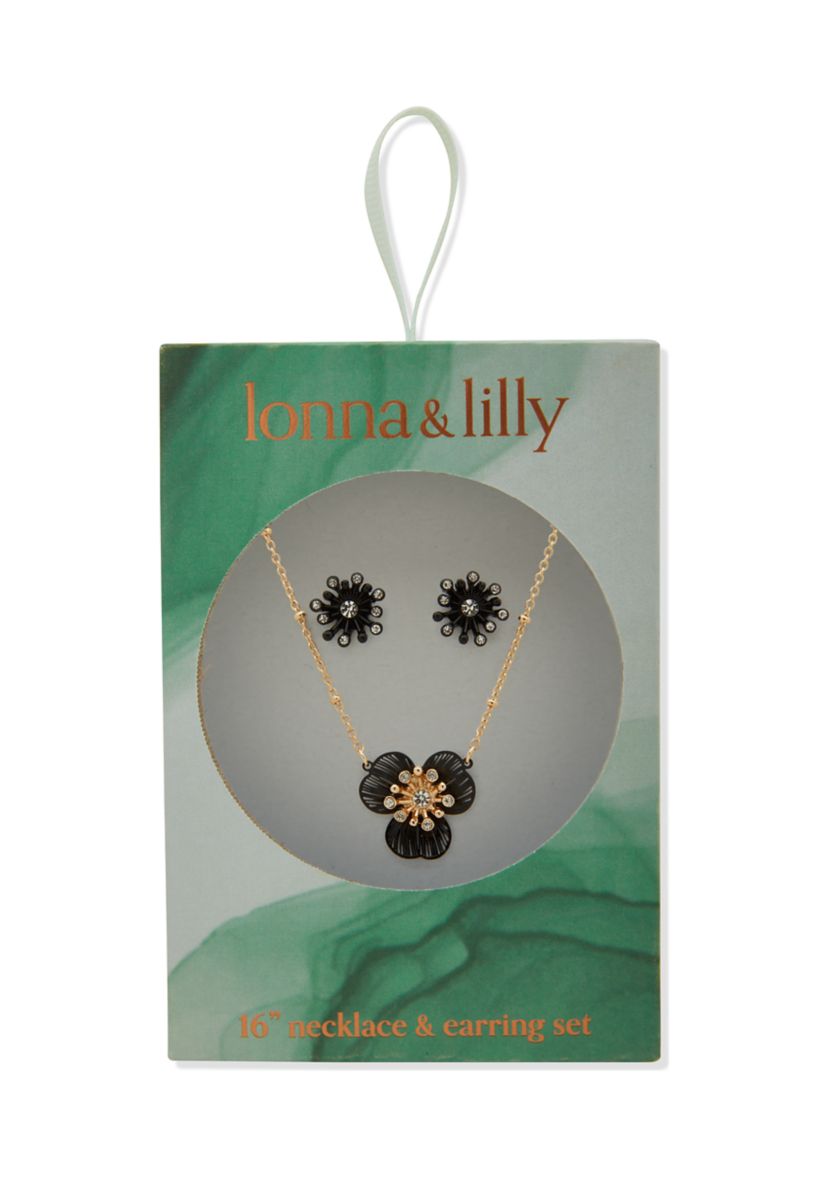 Gold Tone Flower Earrings and Necklace Set