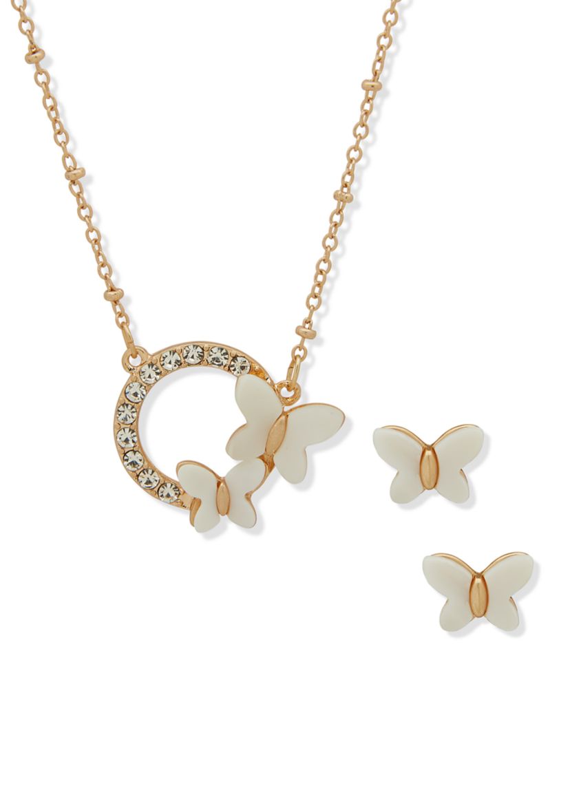 Gold Tone Butterfly Earrings and Necklace Set
