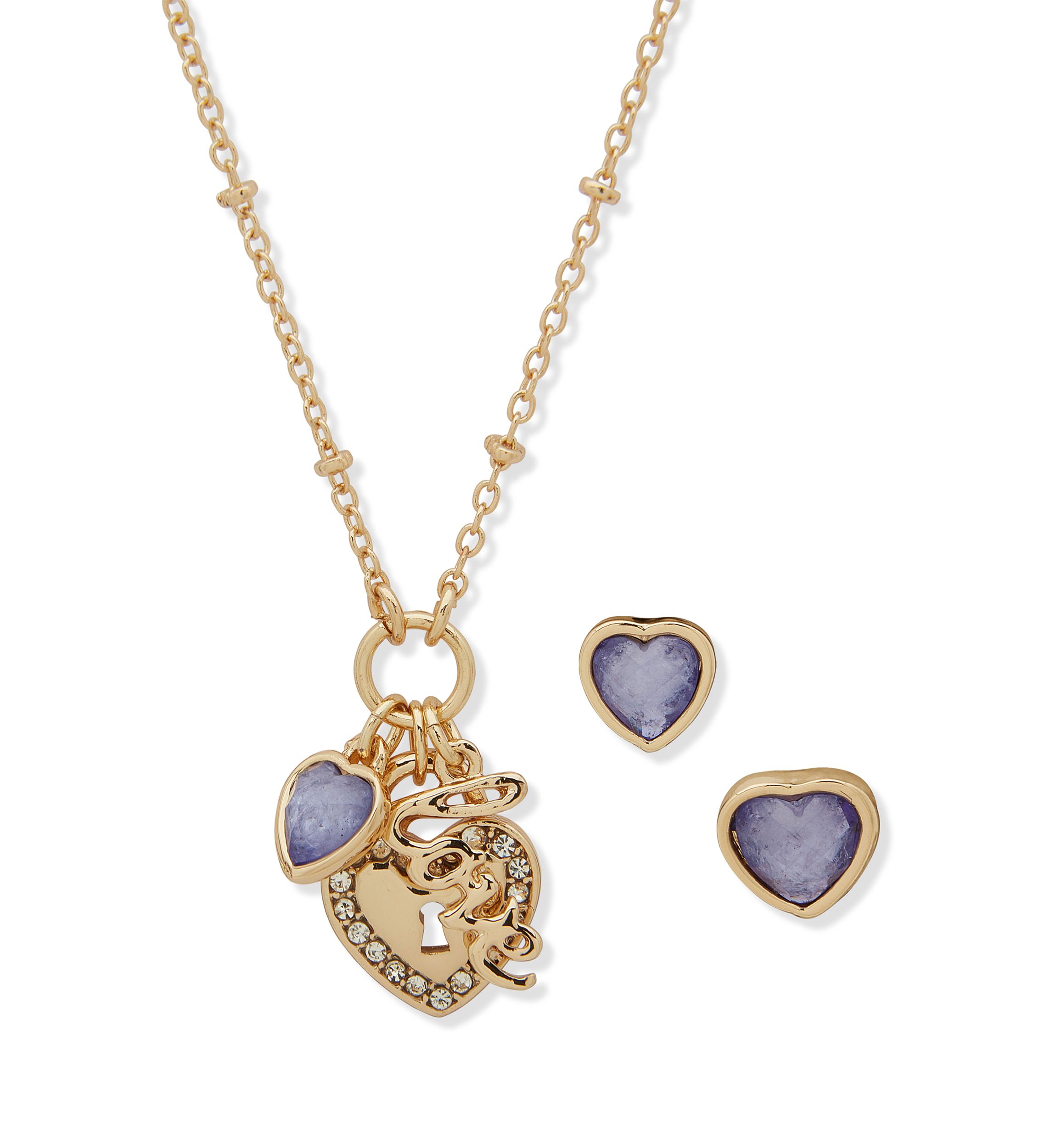 Gold Tone Crystal Heart Earrings and Necklace Set