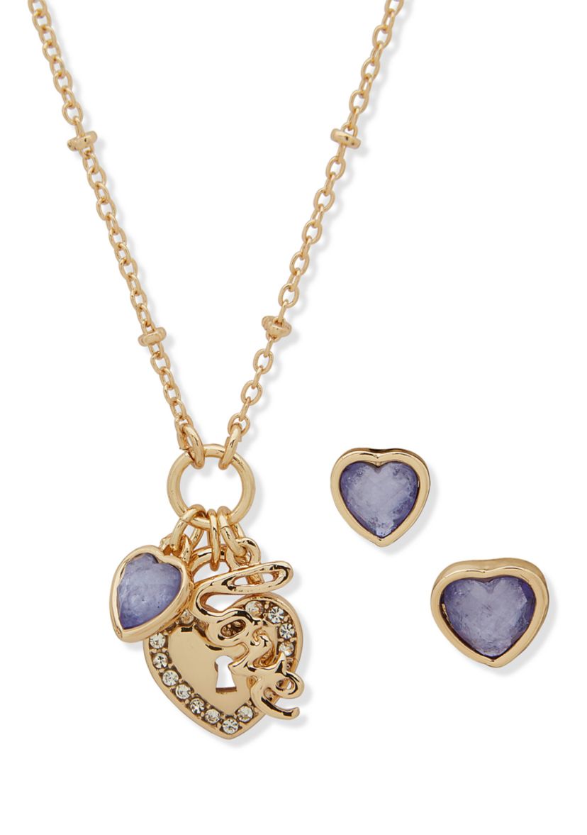Gold Tone Crystal Heart Earrings and Necklace Set