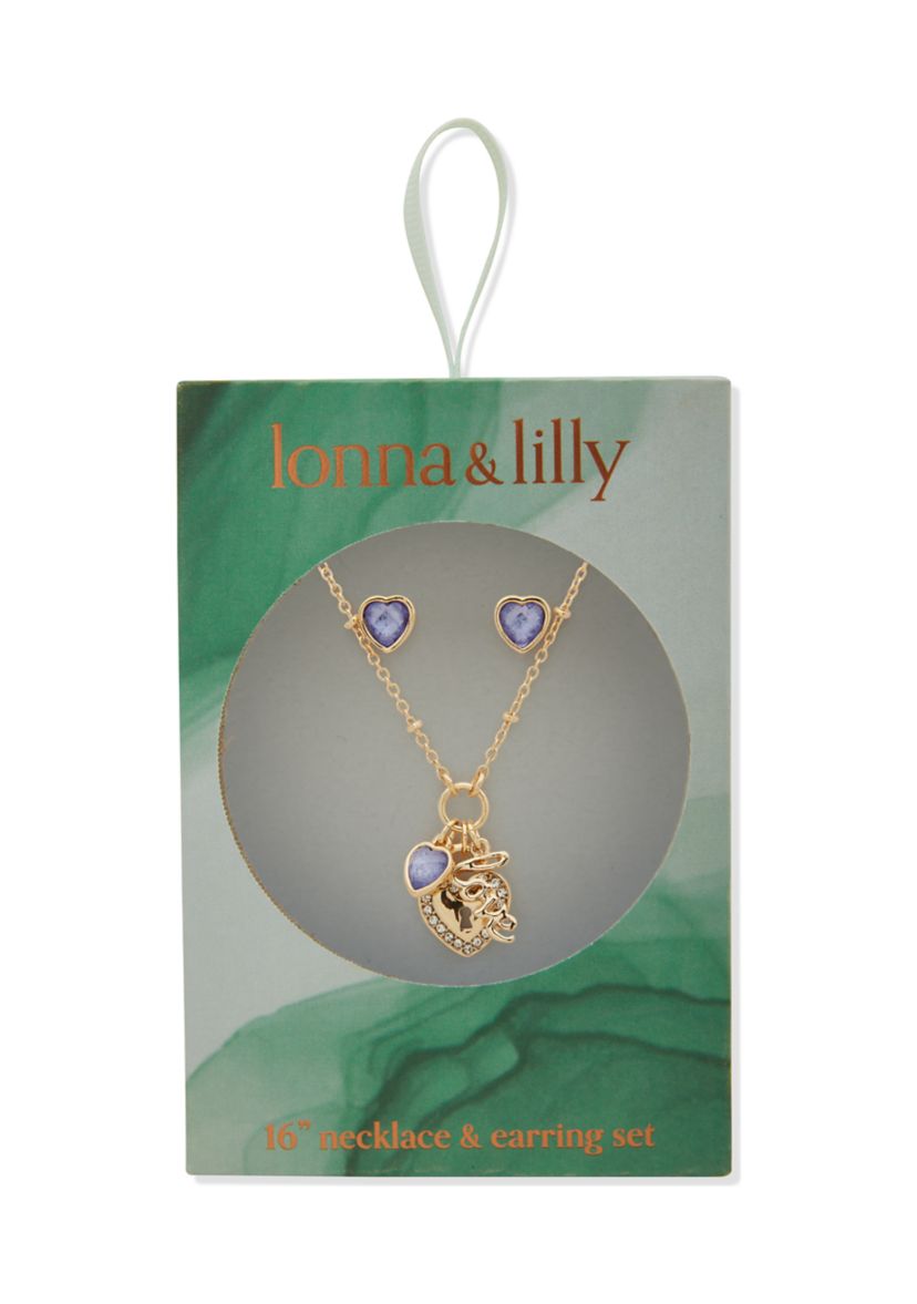 Gold Tone Crystal Heart Earrings and Necklace Set
