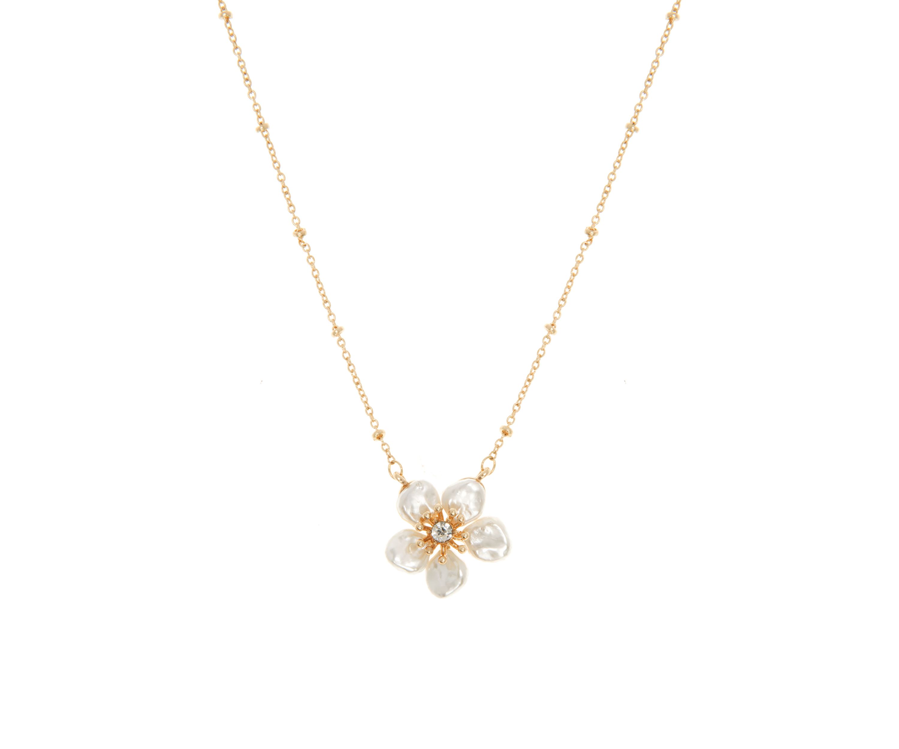 Gold Tone 16" White and Crystal Flower Pendant Necklace