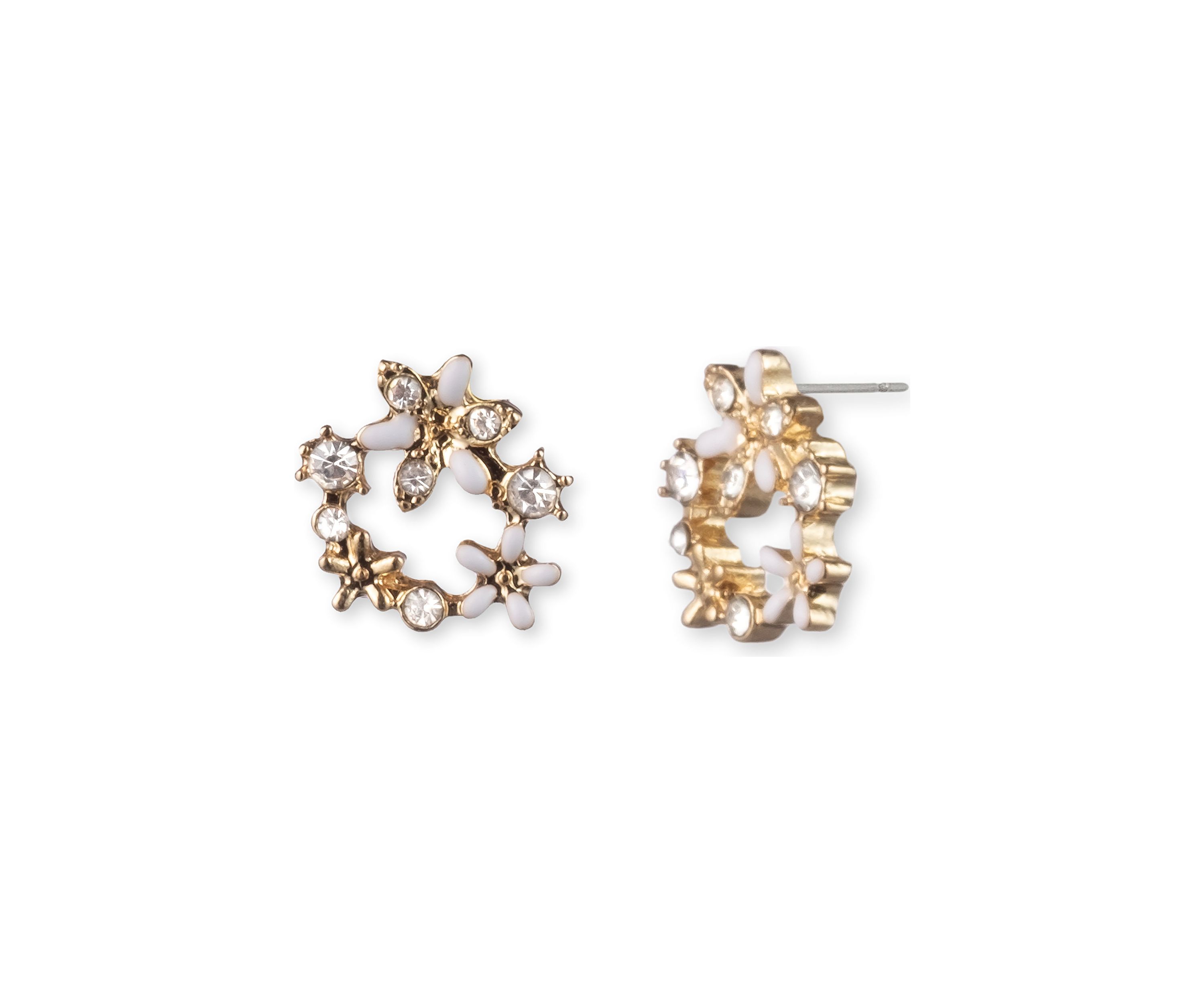 Gold Tone White Open Flower Stud Earrings