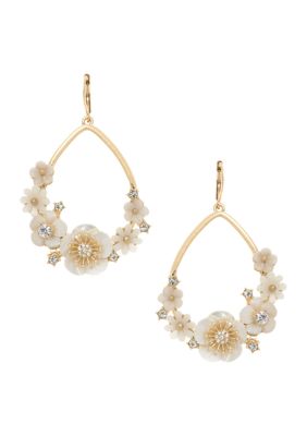 Gold Tone White Open Flower Drop Earrings