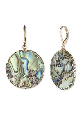 Gold Tone Abalone Disc Drop Earrings