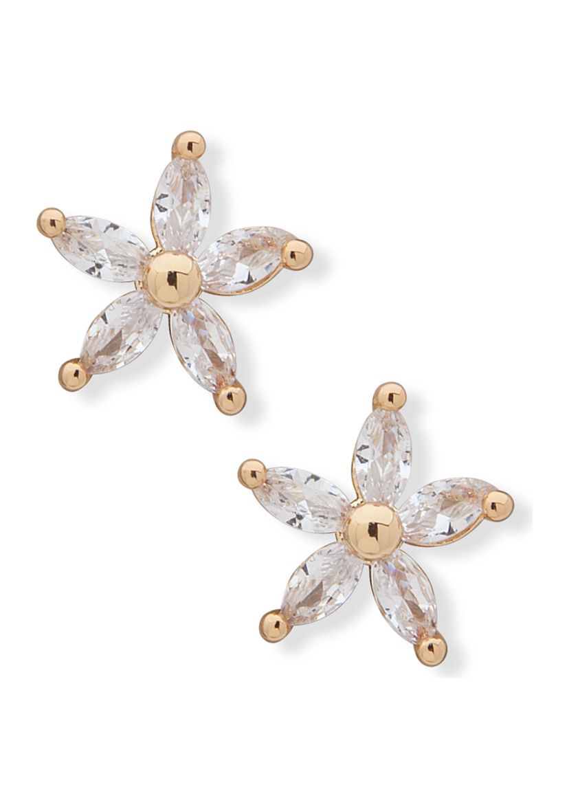 Gold Tone Crystal Cubic Zirconia Flower Stud Earrings