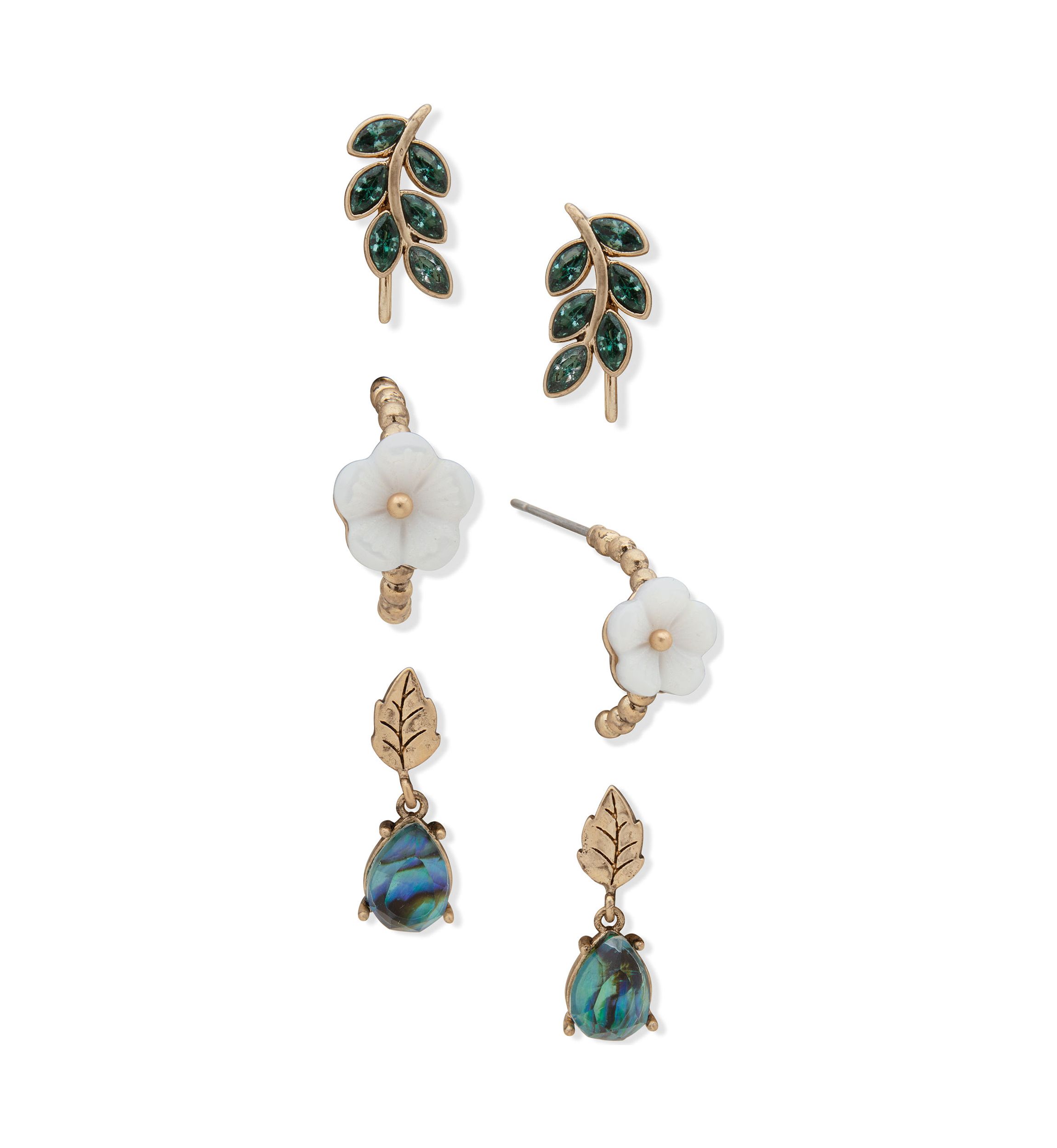 Gold Tone Green Flower Leaf Trio Earrings
