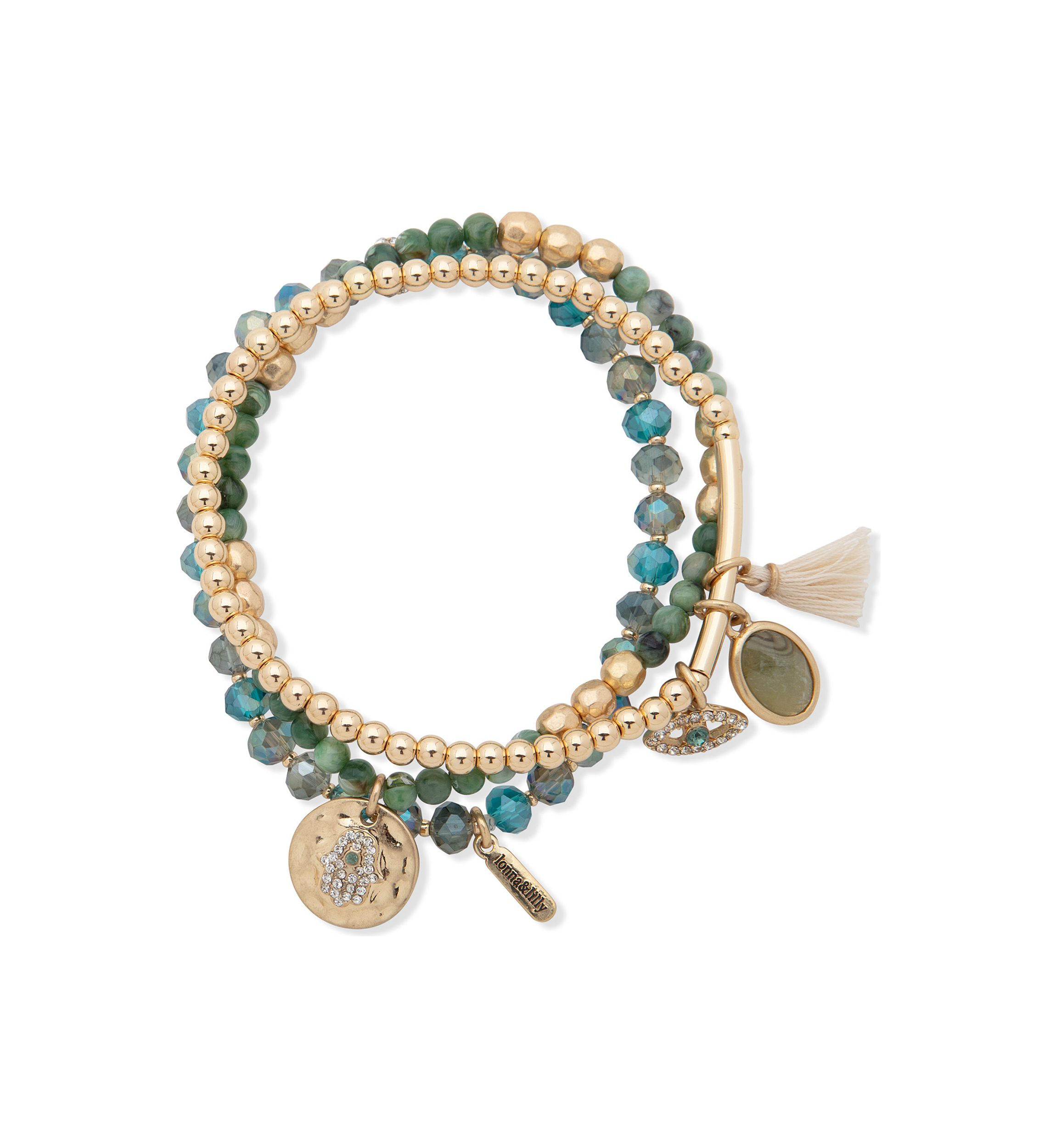 Gold Tone Green Beaded Stretch Bracelet