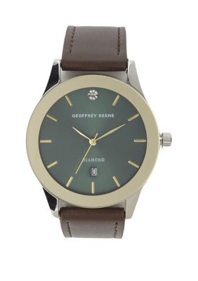 Concepts In Time Men's Silver Tone Brown Leather Green 40 Millimeter Case Watch