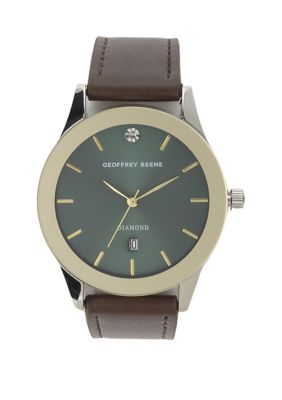 Geoffrey Beene Men's Silver Tone Brown Leather Green 40 Millimeter Case Watch -  0613874033106