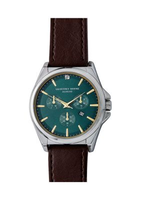 Geoffrey Beene Men's Silver Tone Black Leather Band Watch