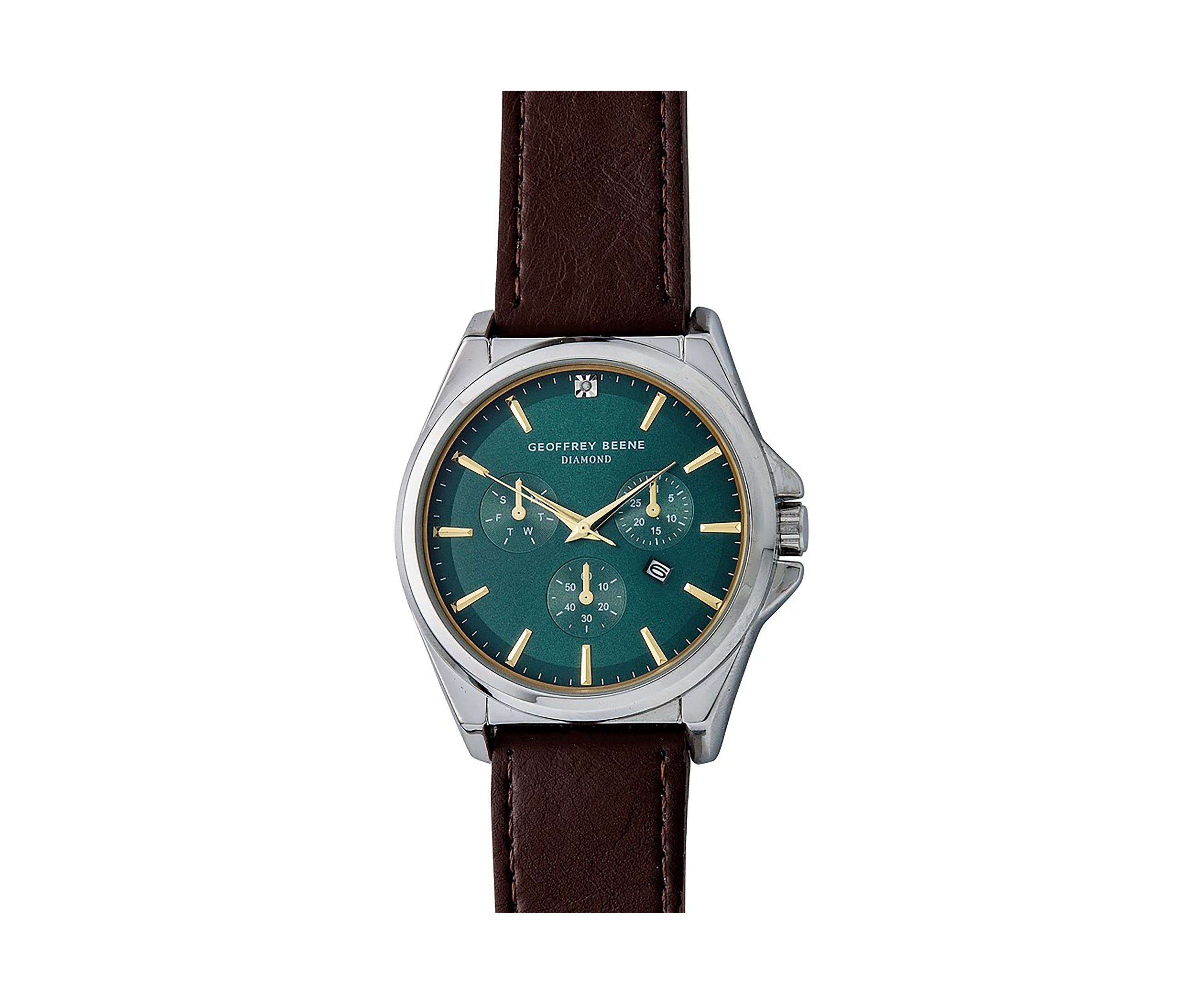 Silver Tone Black Leather Band Watch