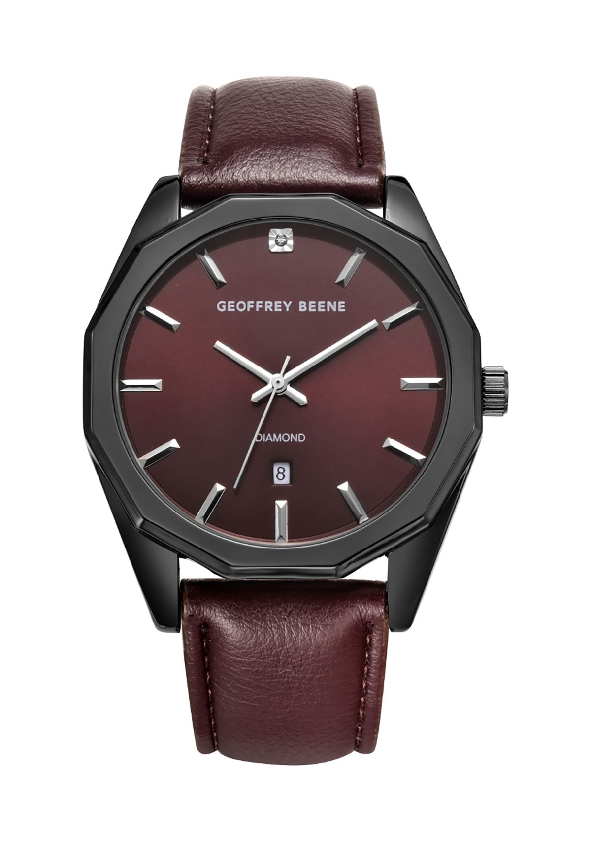 43 Millimeter Gunmetal Tone Genuine Diamond Dial Maroon Strap Watch