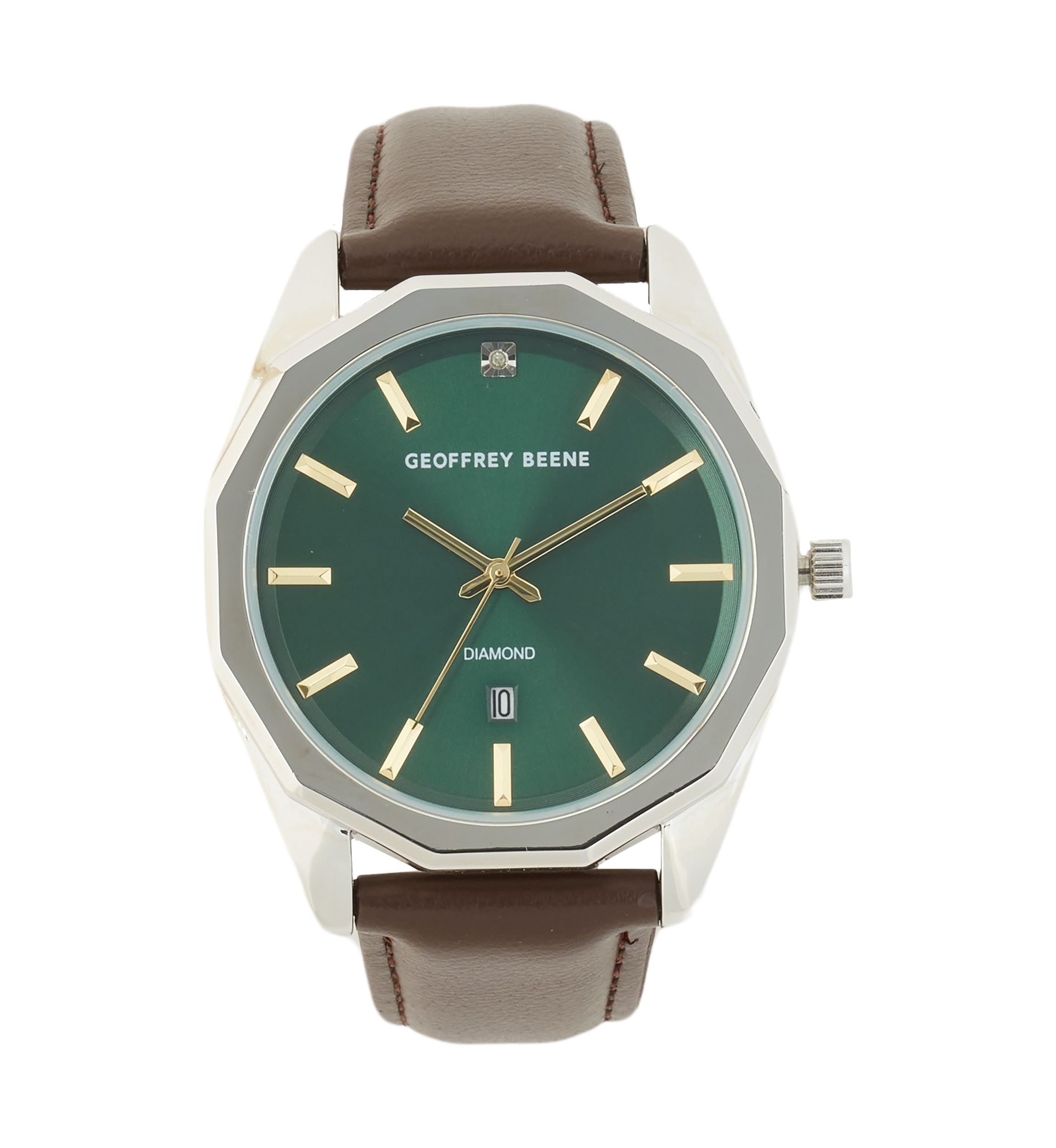 43 Millimeter Silver Diamond Green Dial Octagonal Bezel Watch