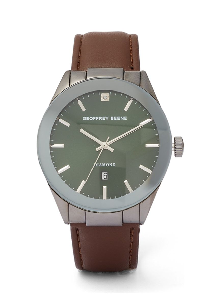 Gunmetal Brown Leather Green Face Watch