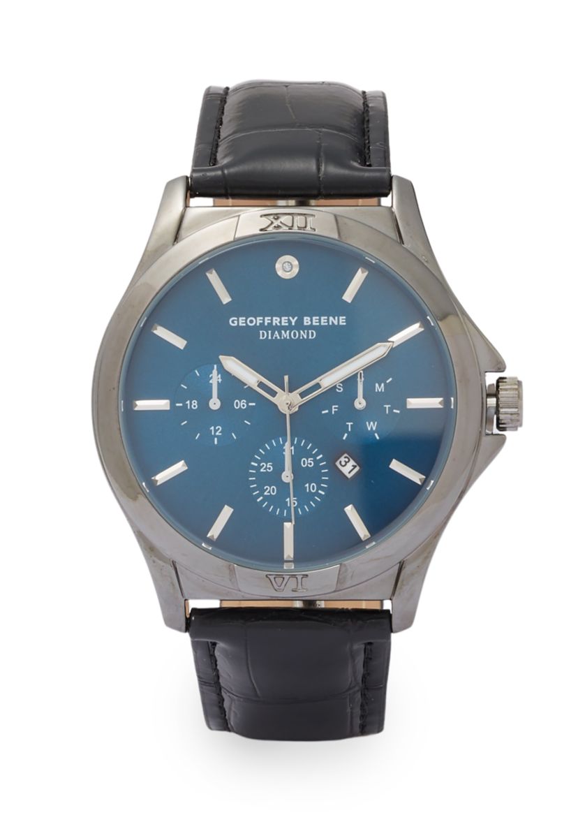ジェフリー ビーン GEOFFREY BEENE Geoffrey Beene Gunmetal Black Leather Band Blue Face Watch | Belk