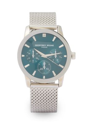 Geoffrey Beene Men's Chrome Mesh Band Teal Face Watch