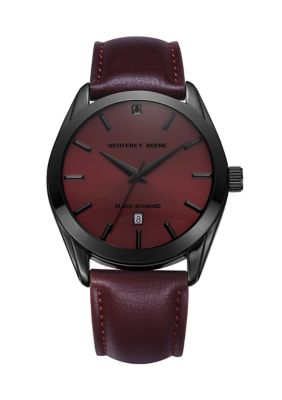 Geoffrey Beene Men's Gunmetal Genuine Black Diamond Dial Maroon Strap Watch -  0613874033786