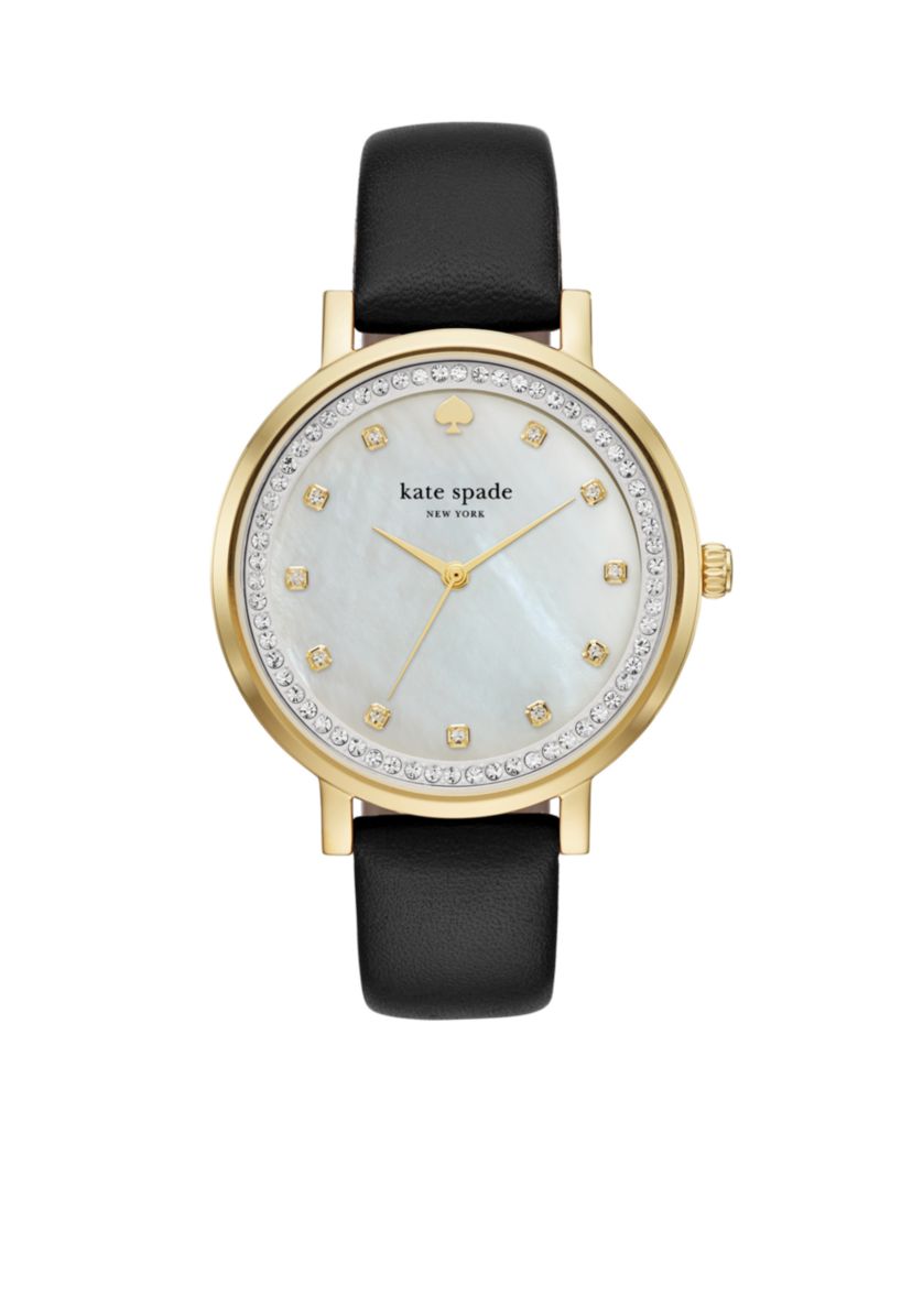 Womens Gold-Tone Monterey Black Leather Watch