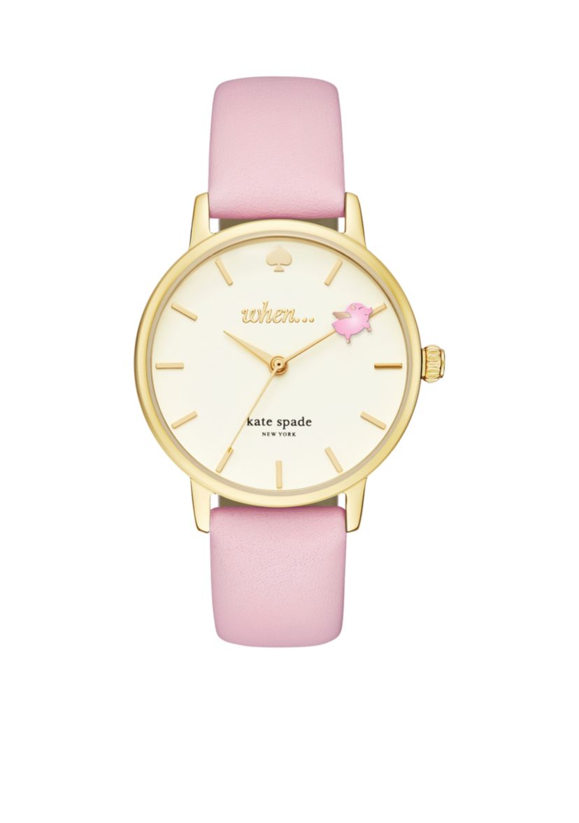 Womens Pink Vachetta Leather and Gold-Tone Metro Watch