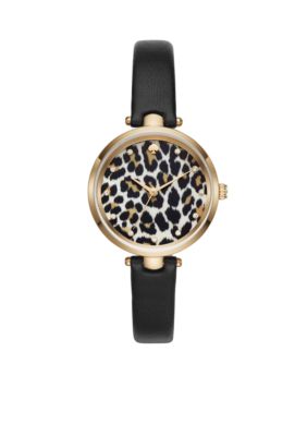 kate spade new york® Women's Gold-Tone Holland Leopard Black Leather Watch  | belk