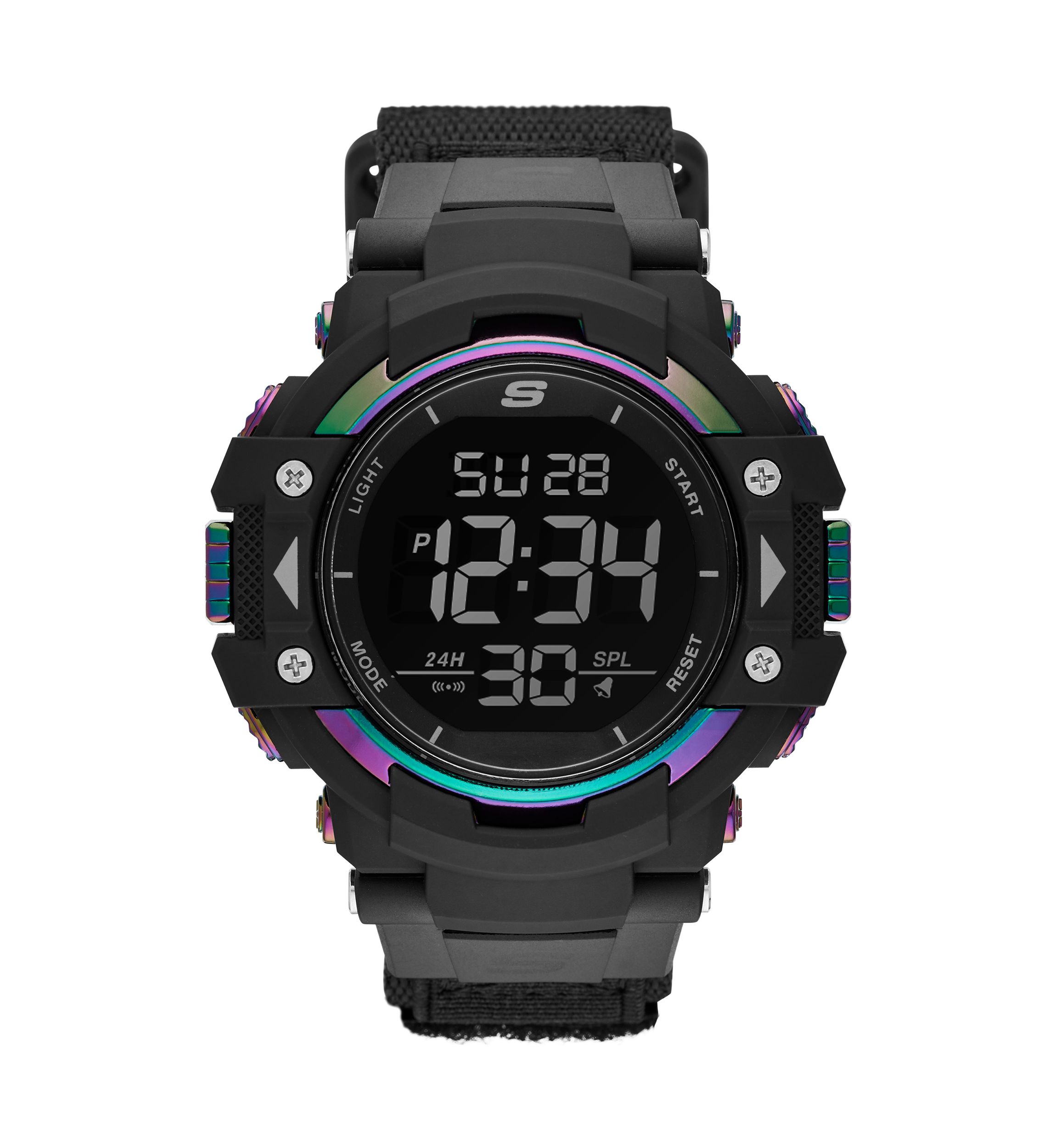 Keats 55 Millimeter Sport Digital Chronograph Watch with Fast Wrap Strap and Plastic Case, Black and Iridescent