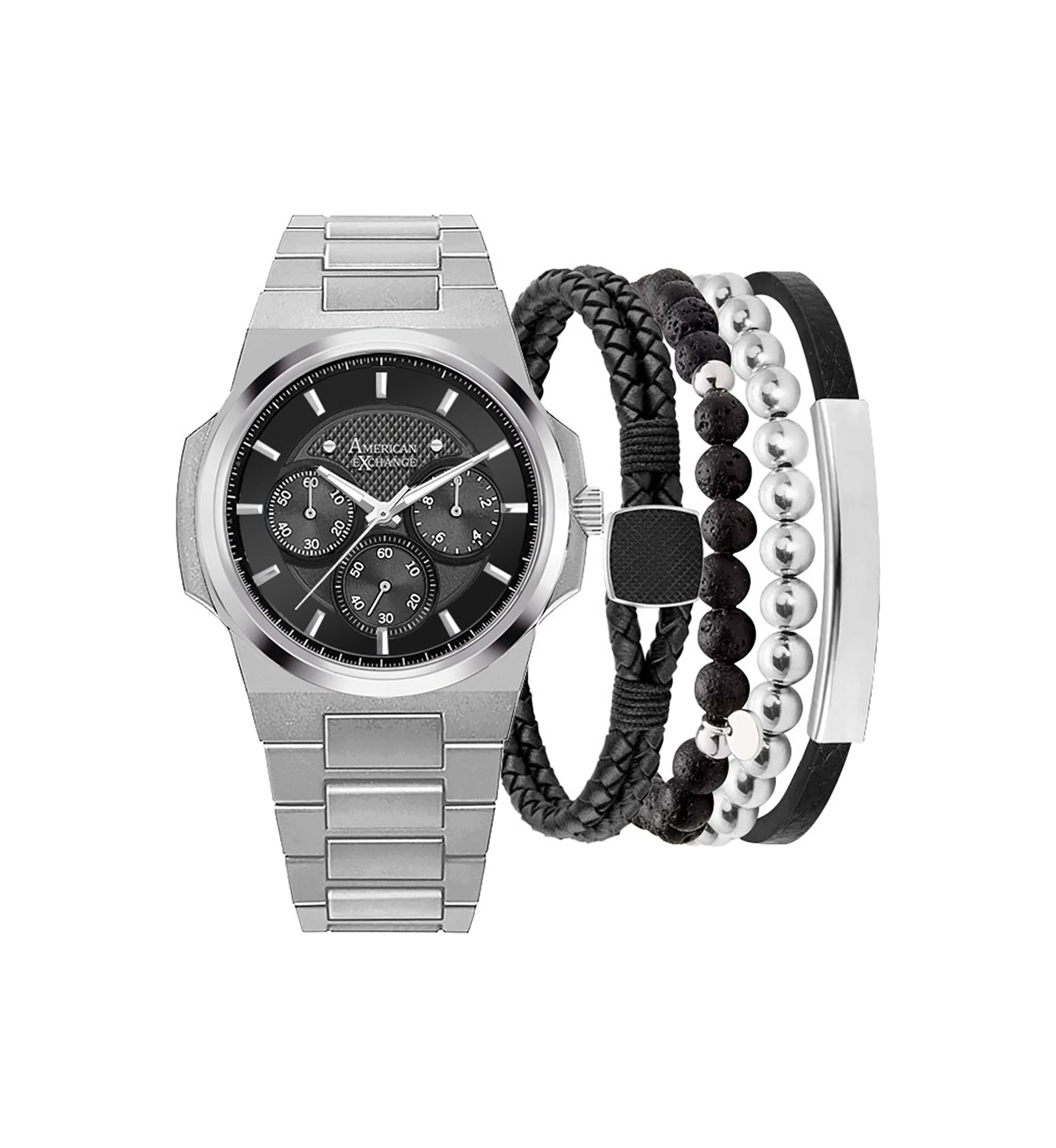 Black Silver Watch and Bracelet Set