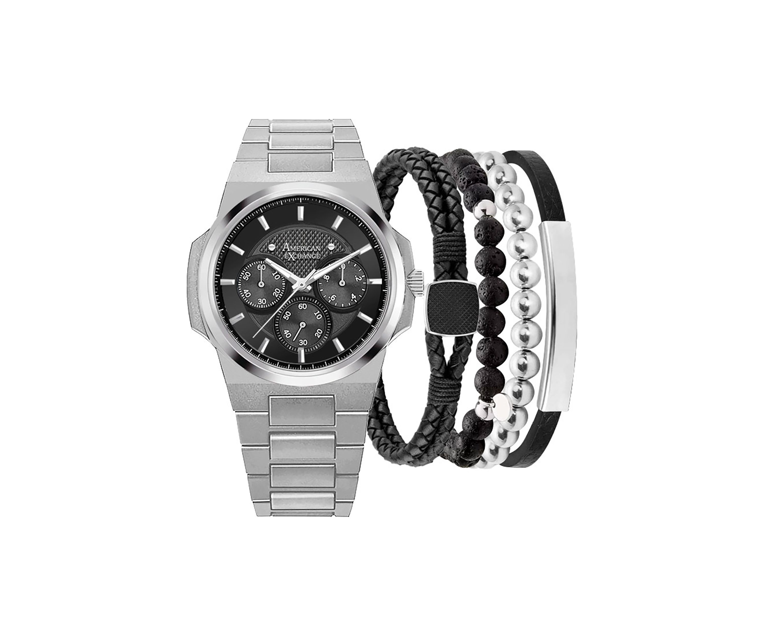 Black Silver Watch and Bracelet Set