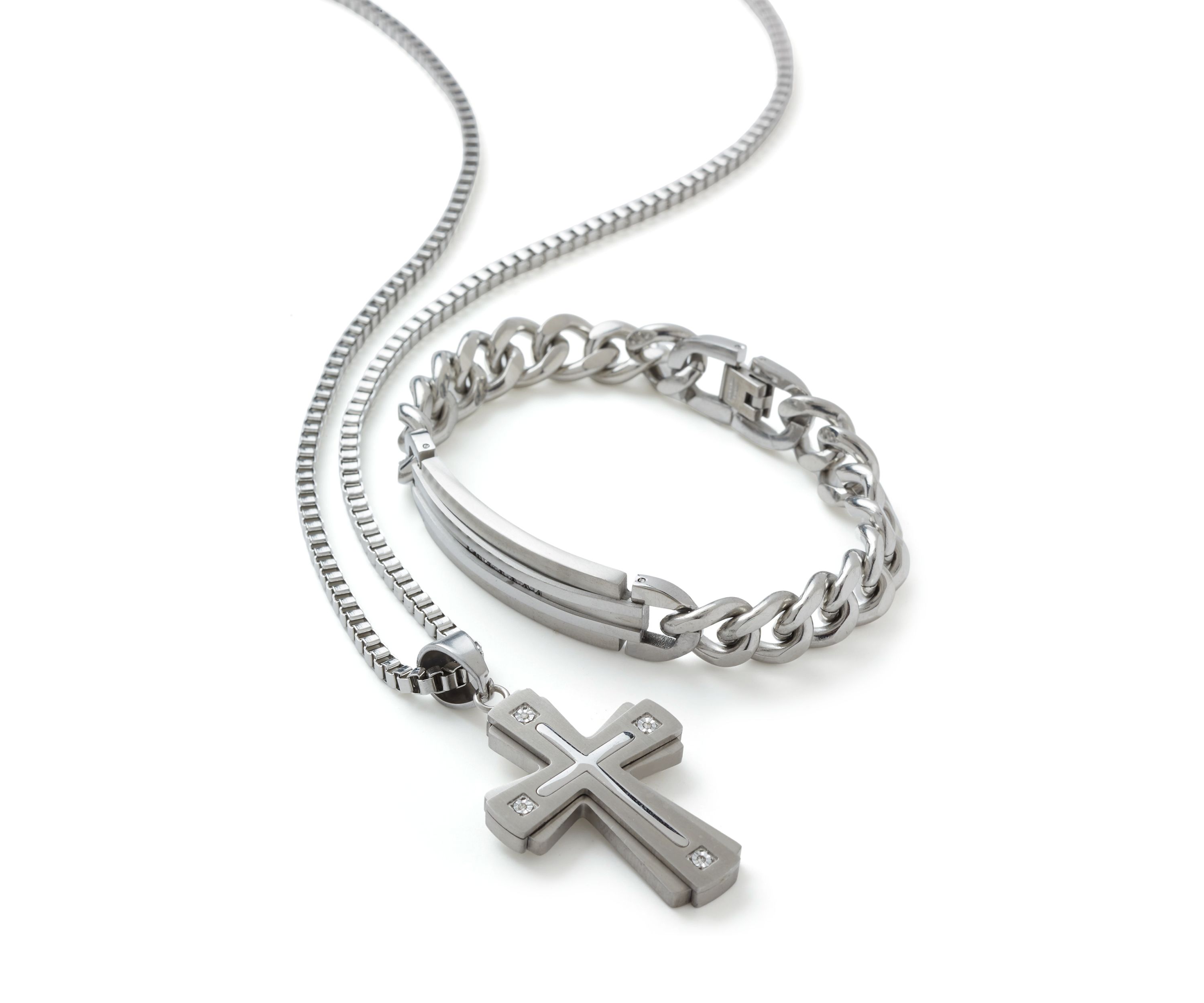 Stainless Steel Cross Pendant Necklace and Bracelet Set