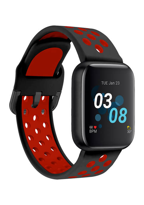 Air 3 Touchscreen Smartwatch Fitness Tracker for Men and Women: Black Case with Black/Red Perforated Strap (44 Millimeter)