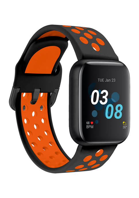 Air 3 Touchscreen Smartwatch Fitness Tracker for Men and Women: Black Case with Black/Orange Perforated Strap (44 Millimeter)