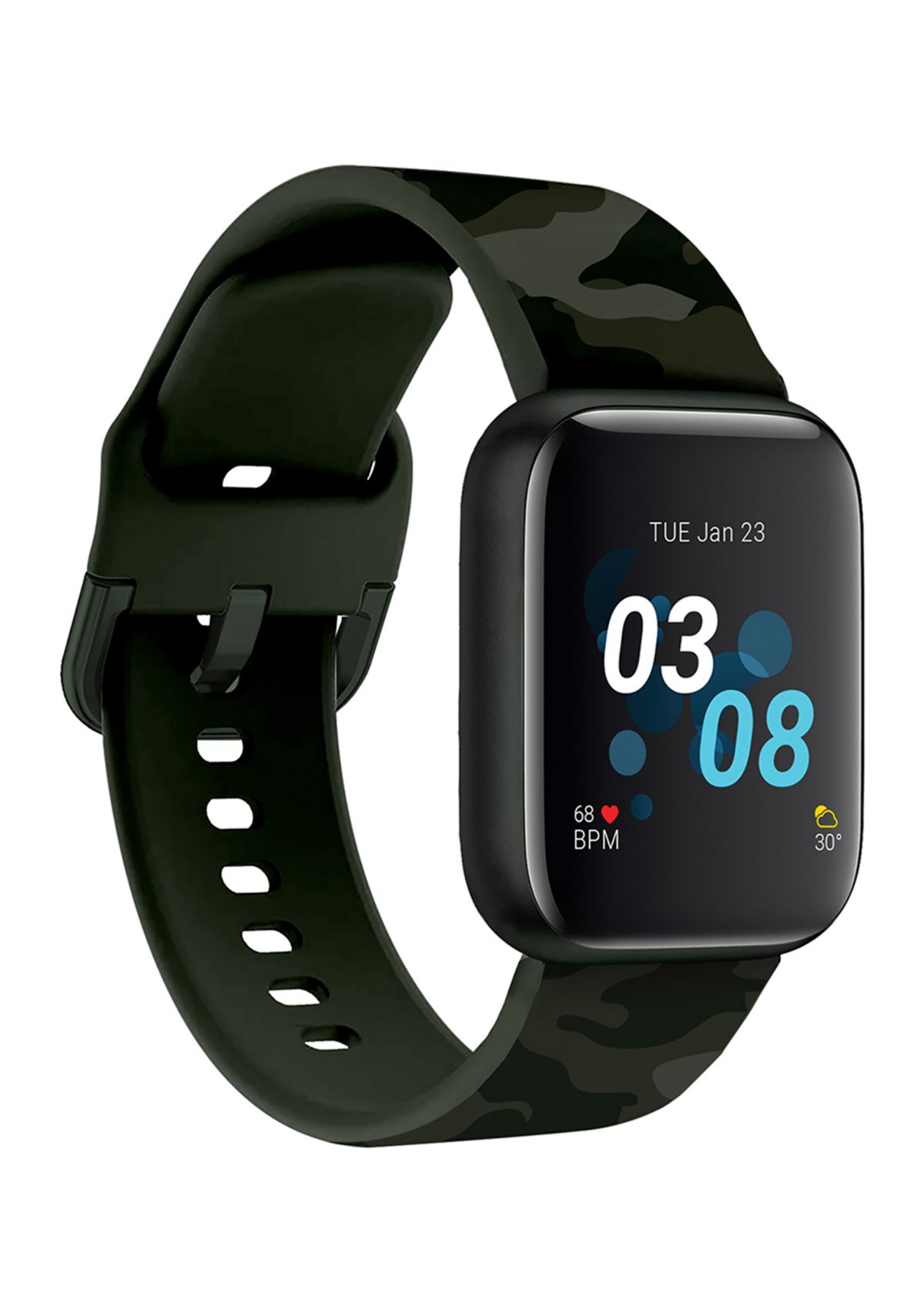 iTouch Sport 3 Touchscreen Smartwatch for Men and Women: Black Case with Green Camo Strap