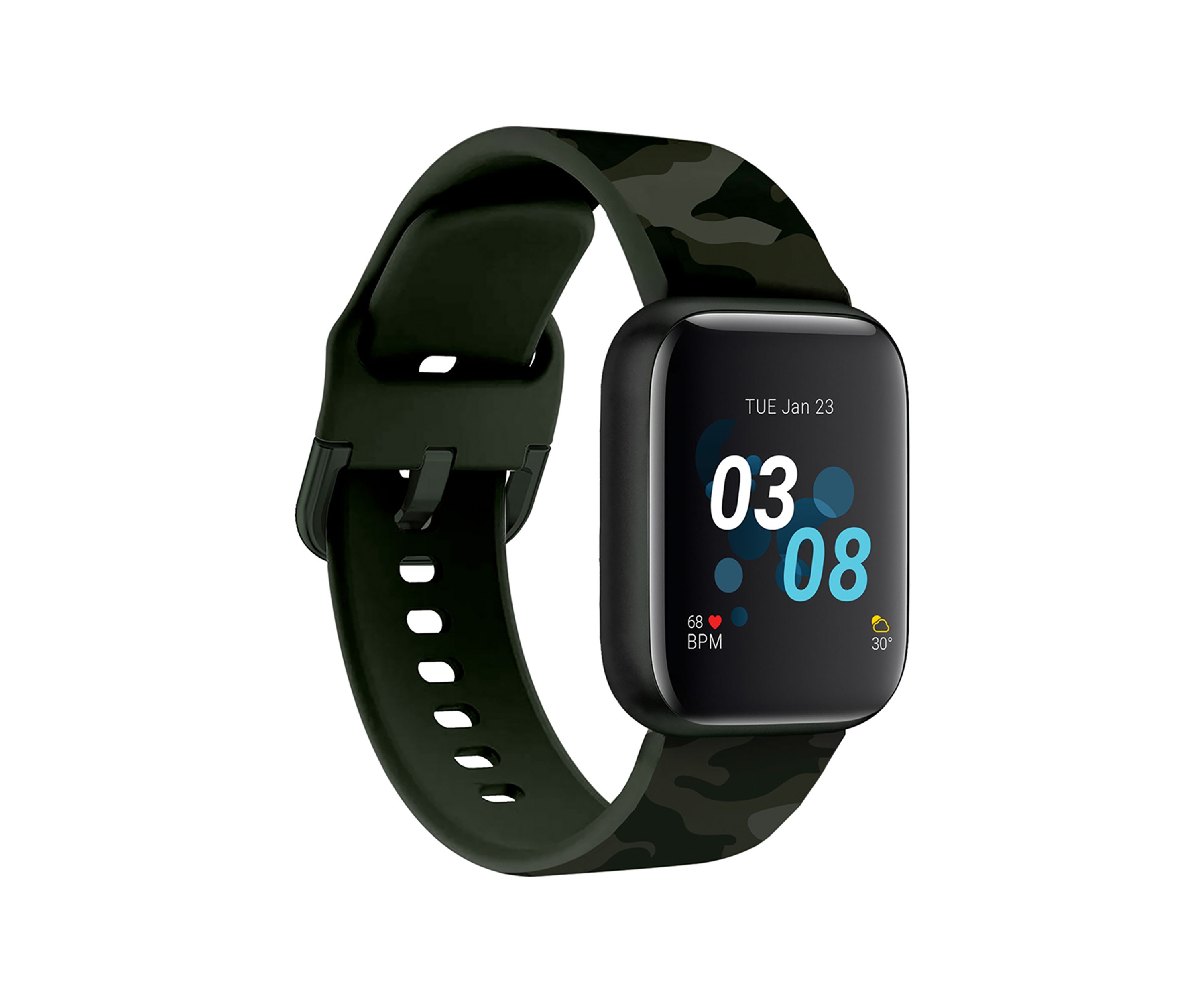 iTouch Sport 3 Touchscreen Smartwatch for Men and Women: Black Case with Green Camo Strap