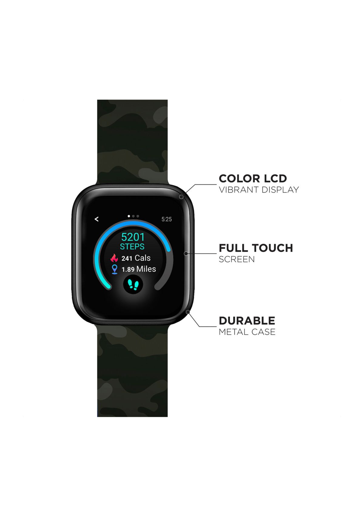 iTouch Sport 3 Touchscreen Smartwatch for Men and Women: Black Case with Green Camo Strap