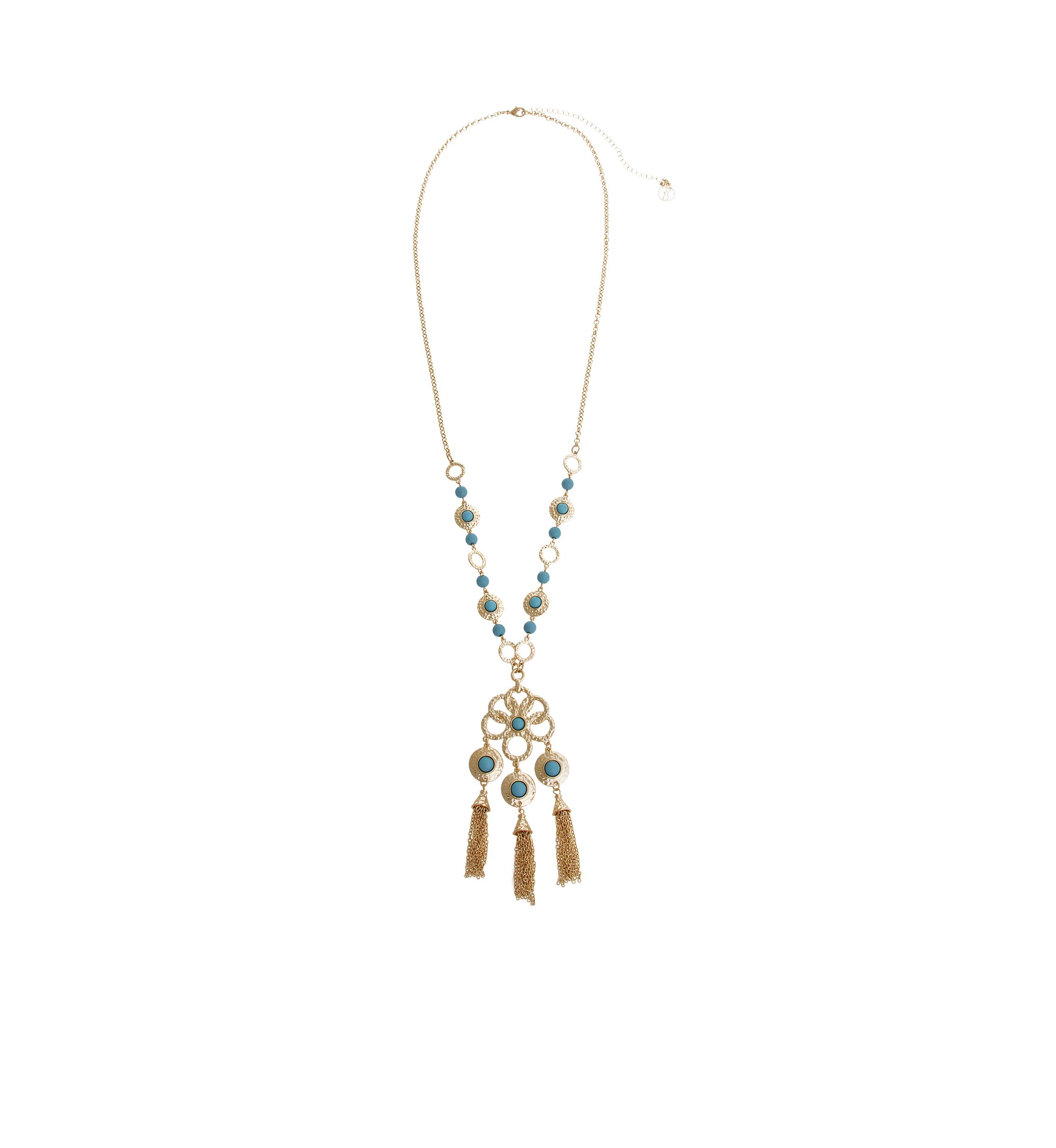 Gold-Tone Turquoise Beads Stone Tassel Pendant Necklace