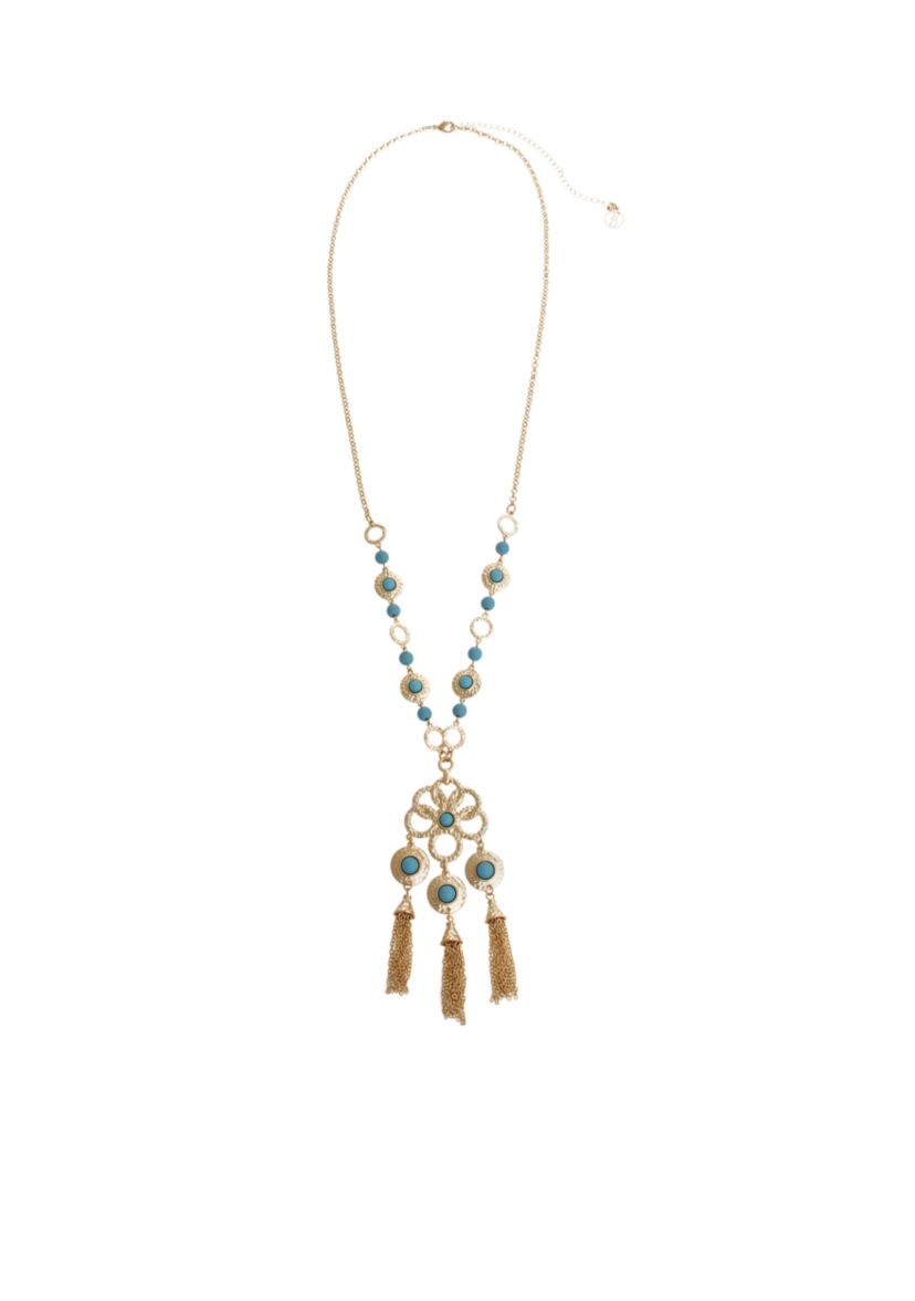 Gold-Tone Turquoise Beads Stone Tassel Pendant Necklace