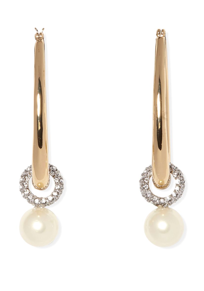  Two Tone Tapered Hoop with Pavé and Faux Pearl Earrings
