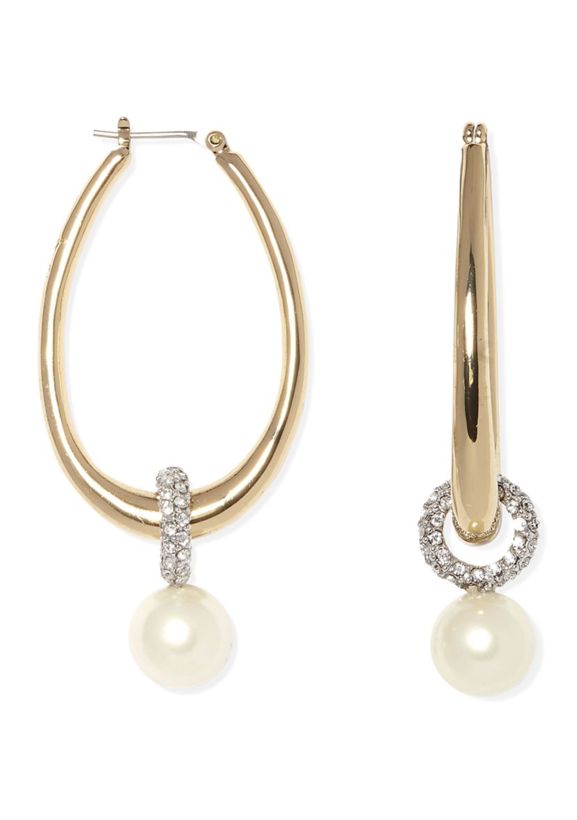  Two Tone Tapered Hoop with Pavé and Faux Pearl Earrings
